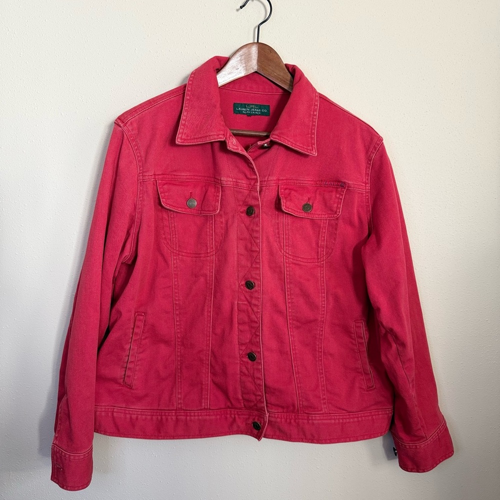 Ralph Lauren Red Denim Jacket Large Trucker Button Front Cotton Jean Jacket XL - Picture 2 of 11